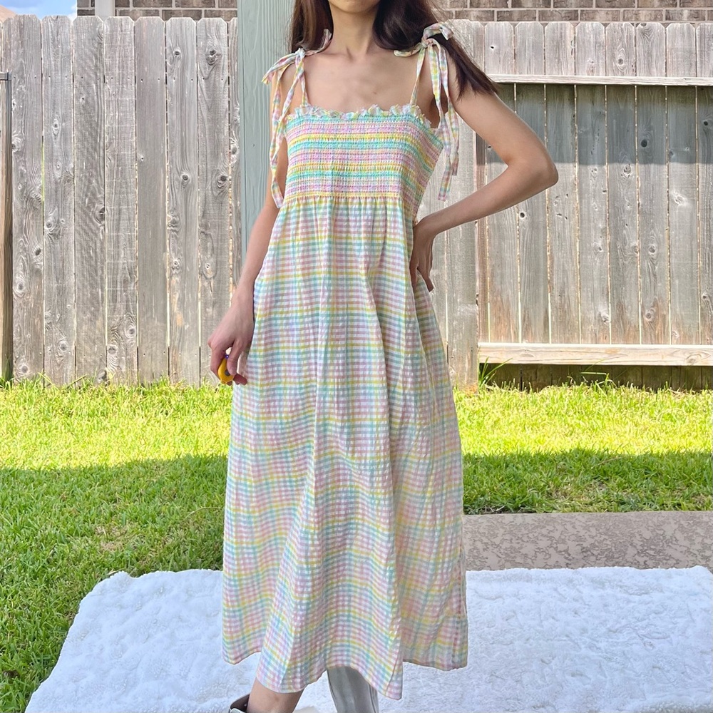 Handmade Pastel Gingham Smocked Sundress with Shoulder Ties | SKU 08034